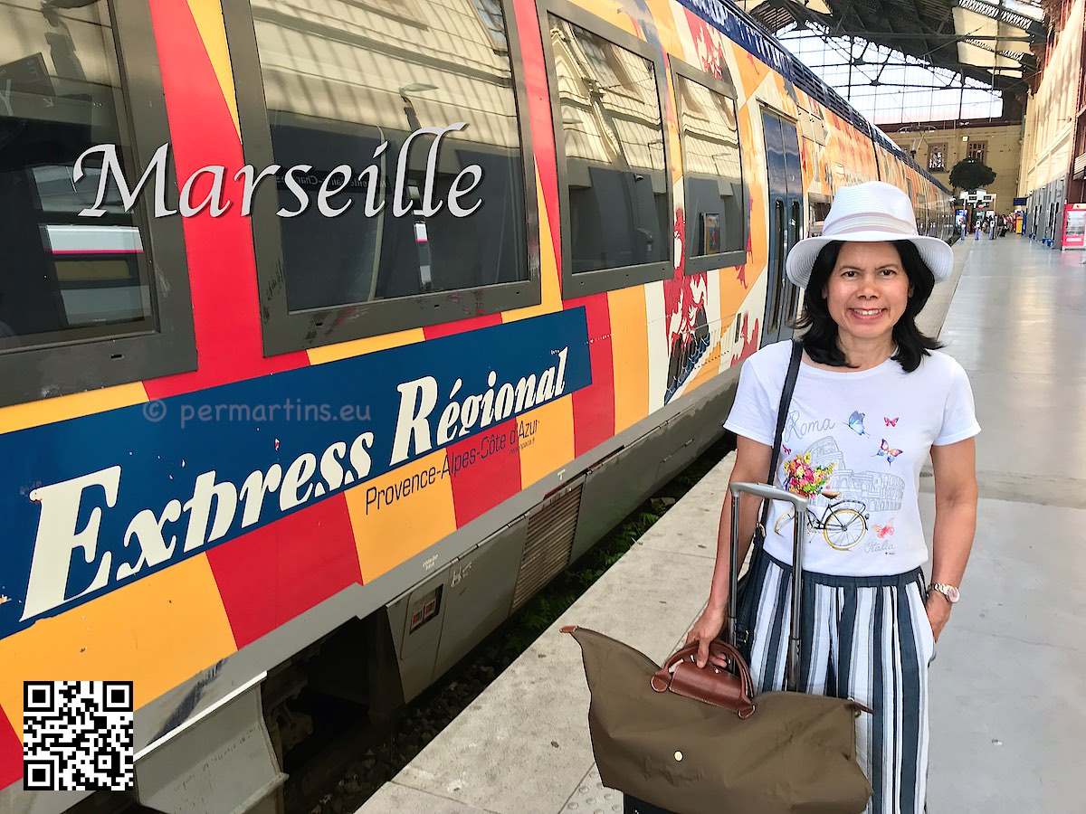 France Marseille train station women wearing a hat with luggage standing next to a train
