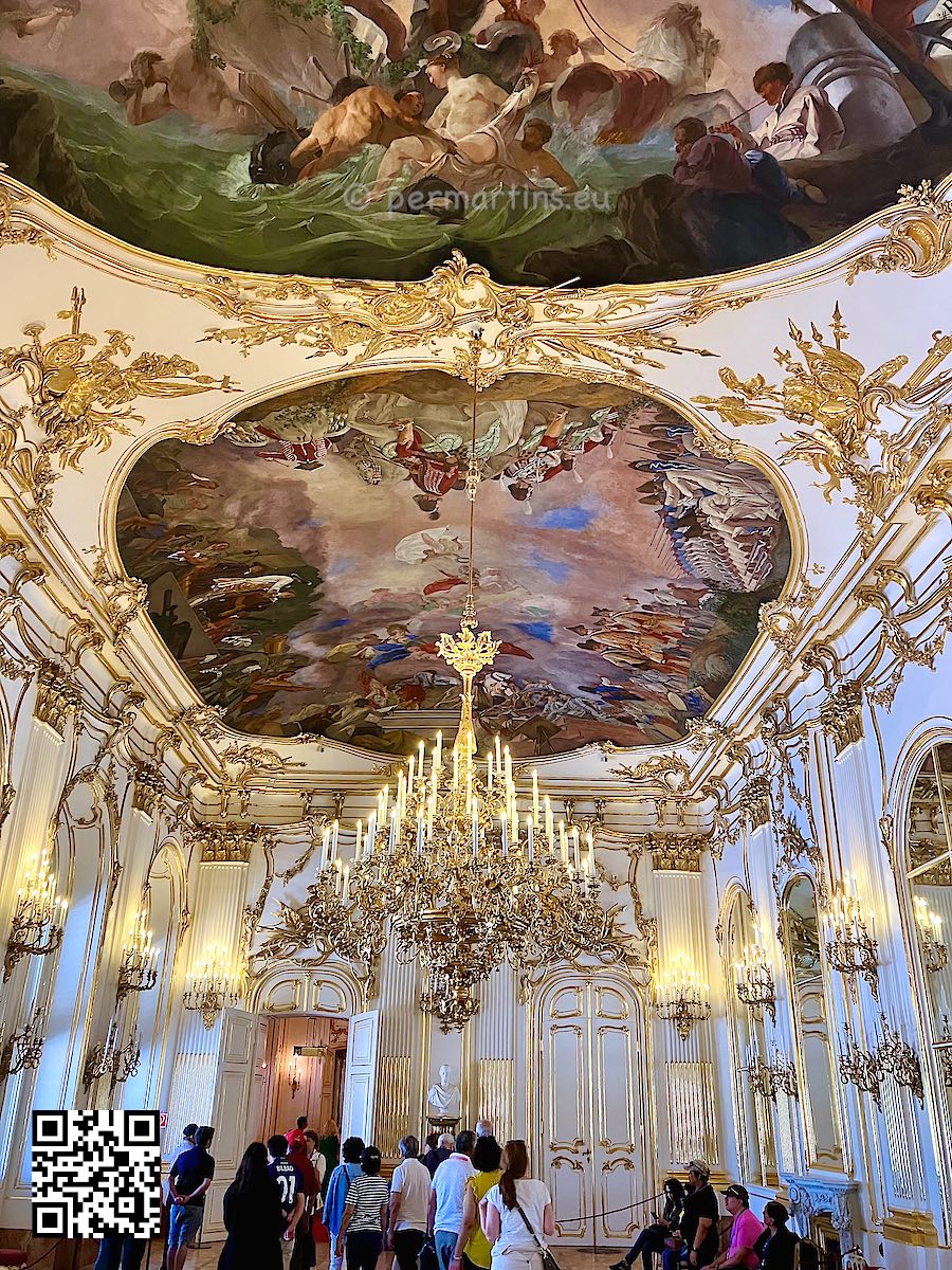 Austria Vienna Schloss Schönbrunn at The Great Gallery with beautiful wall and ceiling paintings and a huge chandelier