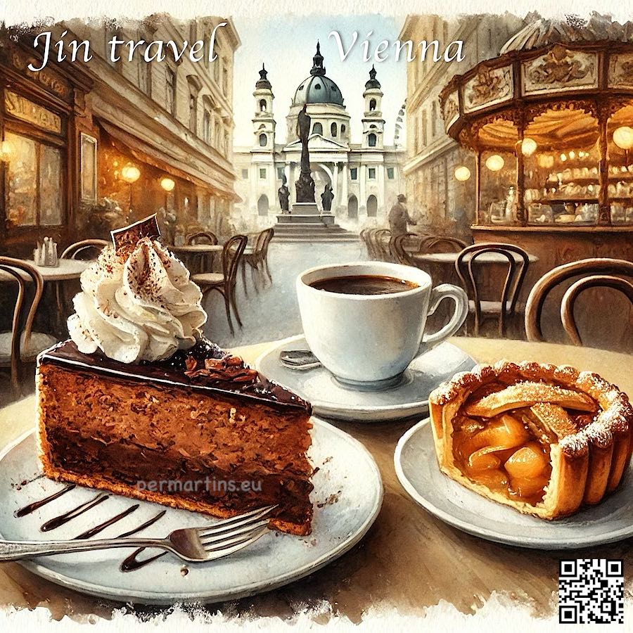 Jin Travel Austria sights on art poster of Wien Vienna with Sacher cake apple strudel coffe
