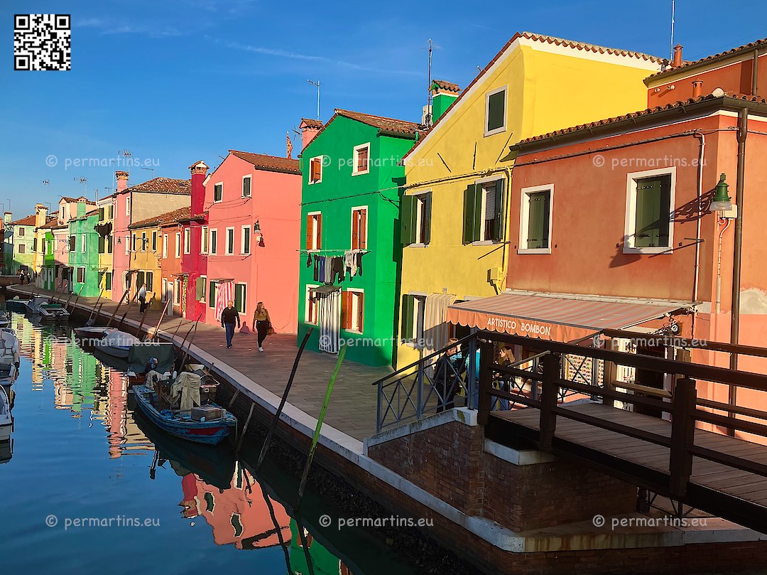 Italy Burano houses at the Tre Ponti bridges