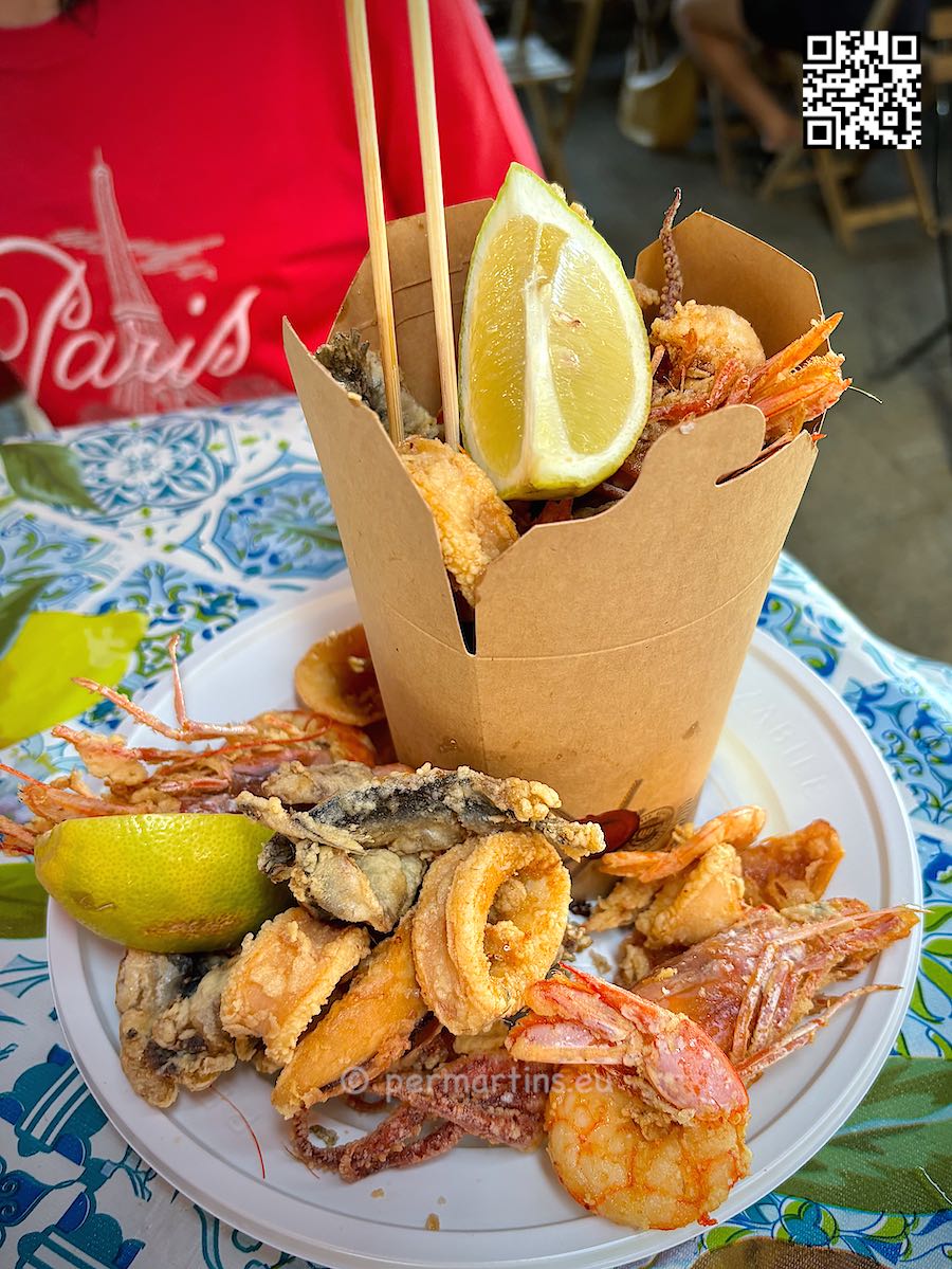 Italy Siracusa at Frittortgia fried seafood shrimp, squid, fish, lemon