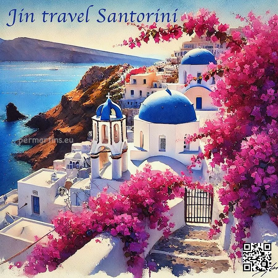 Jin Travel Greece sights on art poster island of Santorini in Oia church blue roof view
