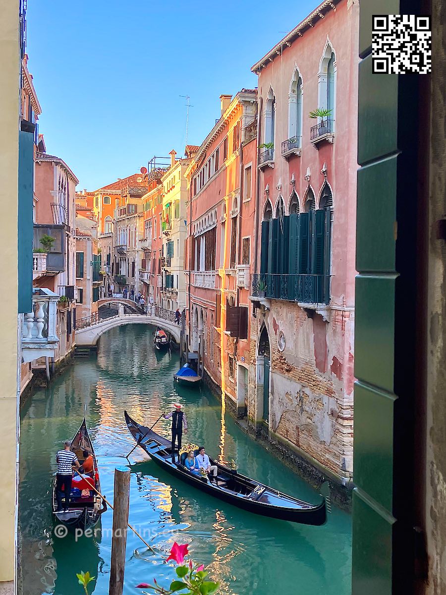 Italy Venice view over canal from Hotel San Moise with gondolas