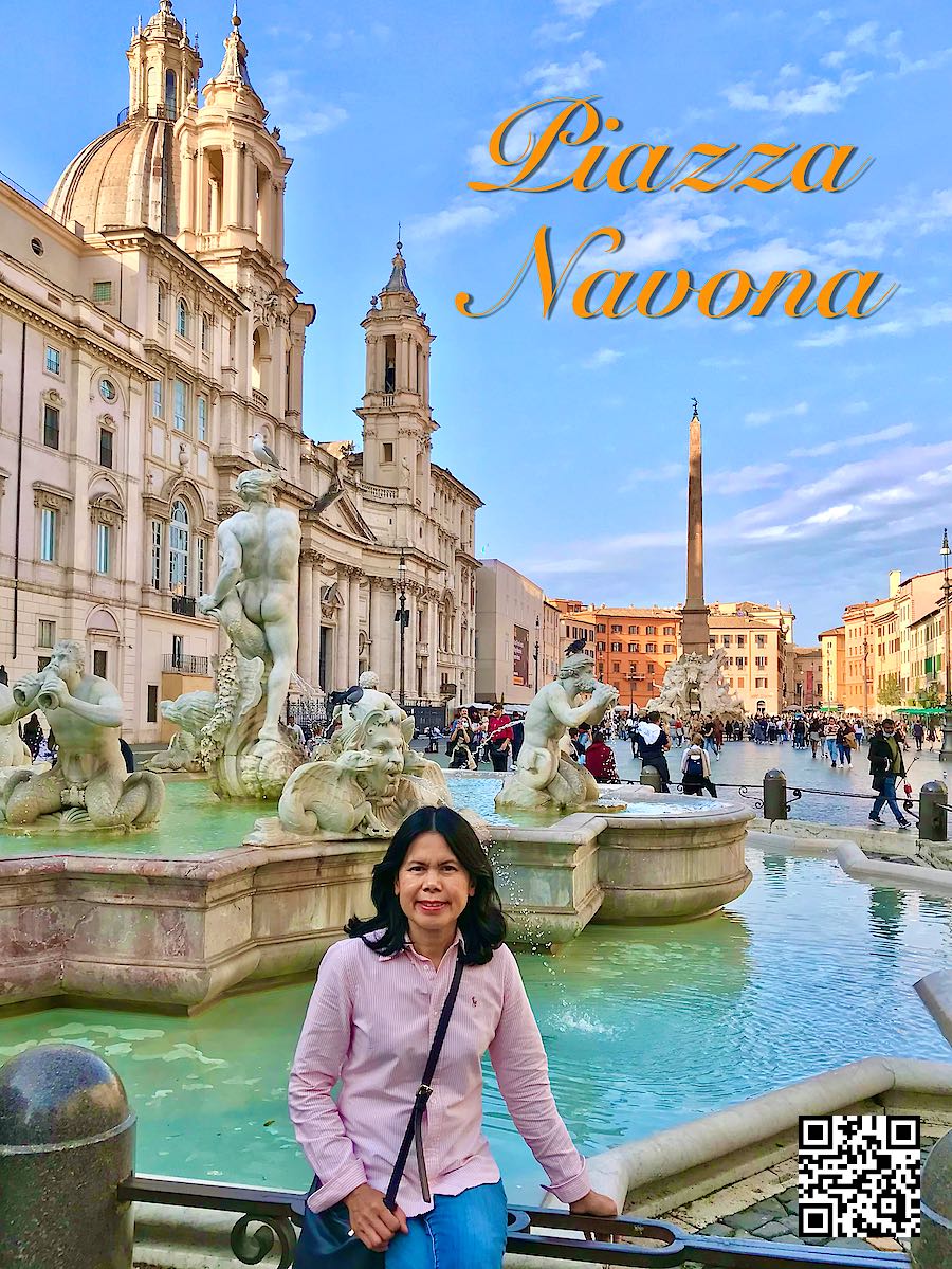 Italy Rome women sitting at Fontana del Moro with a view over Piazza Navona in the background