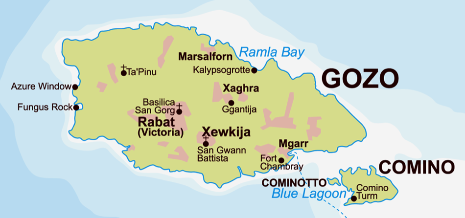 Gozo Comino map from Wikimedia by Joe MiGo.