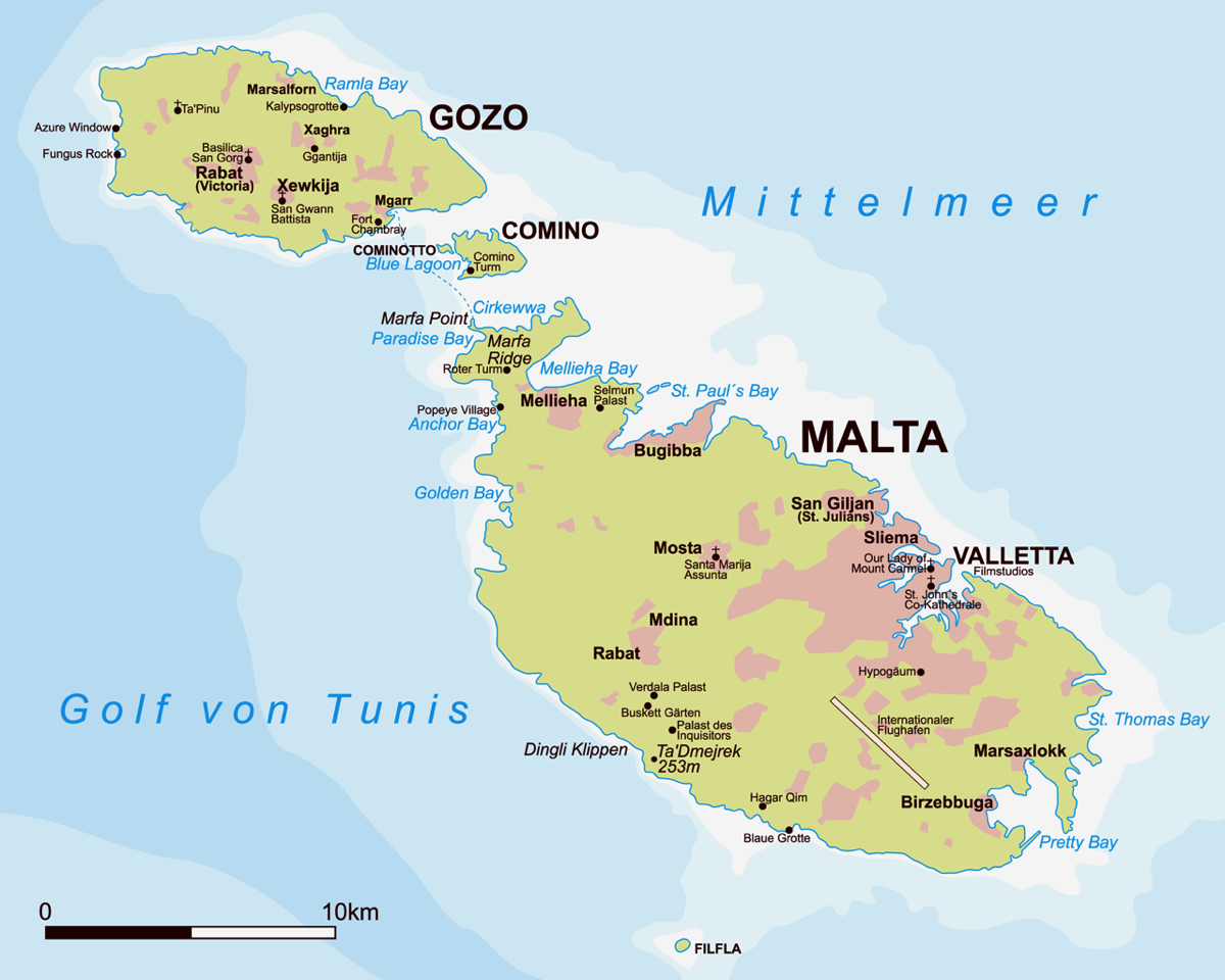 Malta Gozo Comino map from Wikimedia by Joe MiGo.