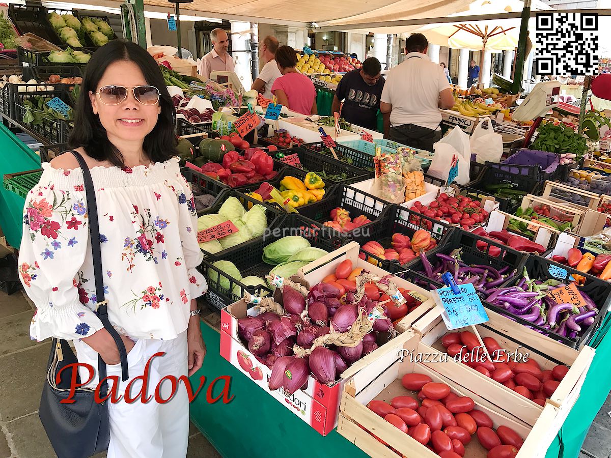 Italy Padova woman at market at Piazza delle Erbe