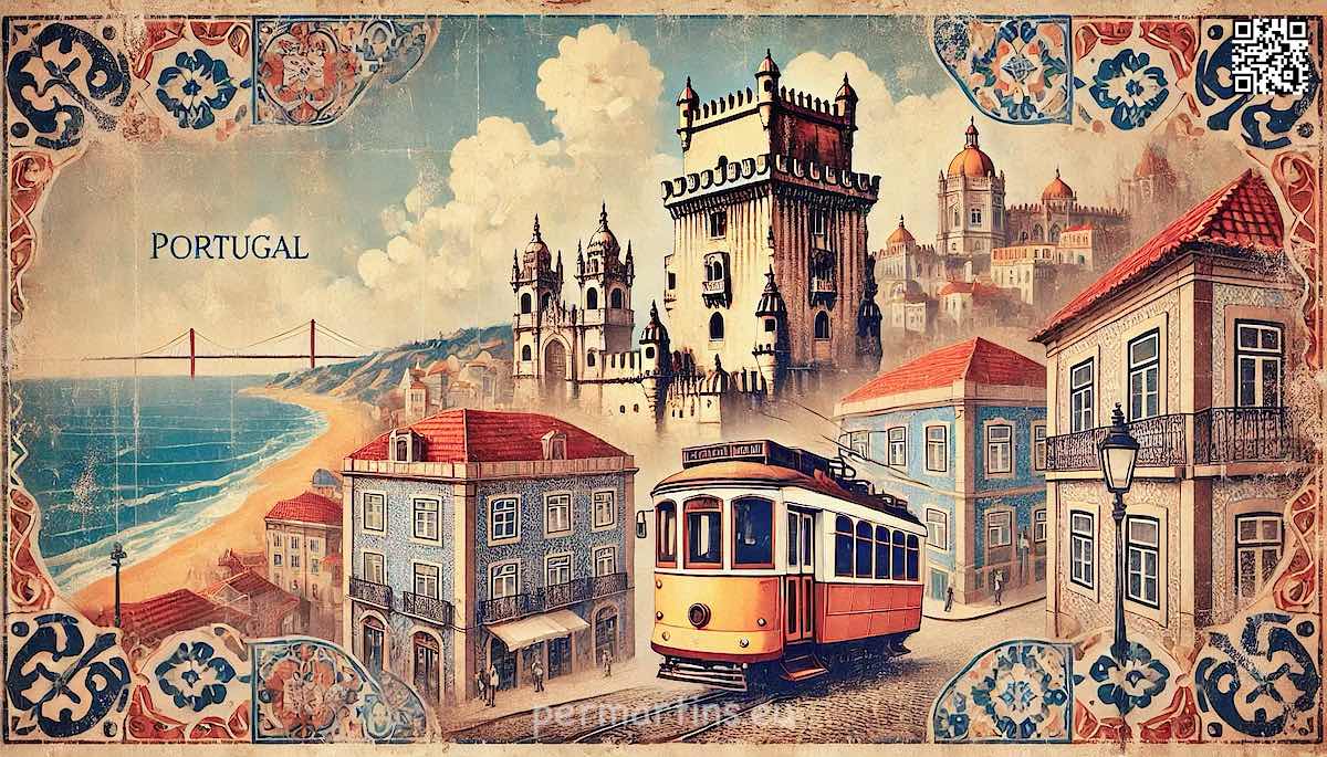 Jin Travel Portugal sights art poster Lisbon, Pena, tiles ...