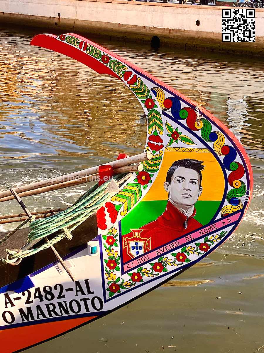 Portugal Aveiro Moliceiro local boat painted with the face of Ronaldo.