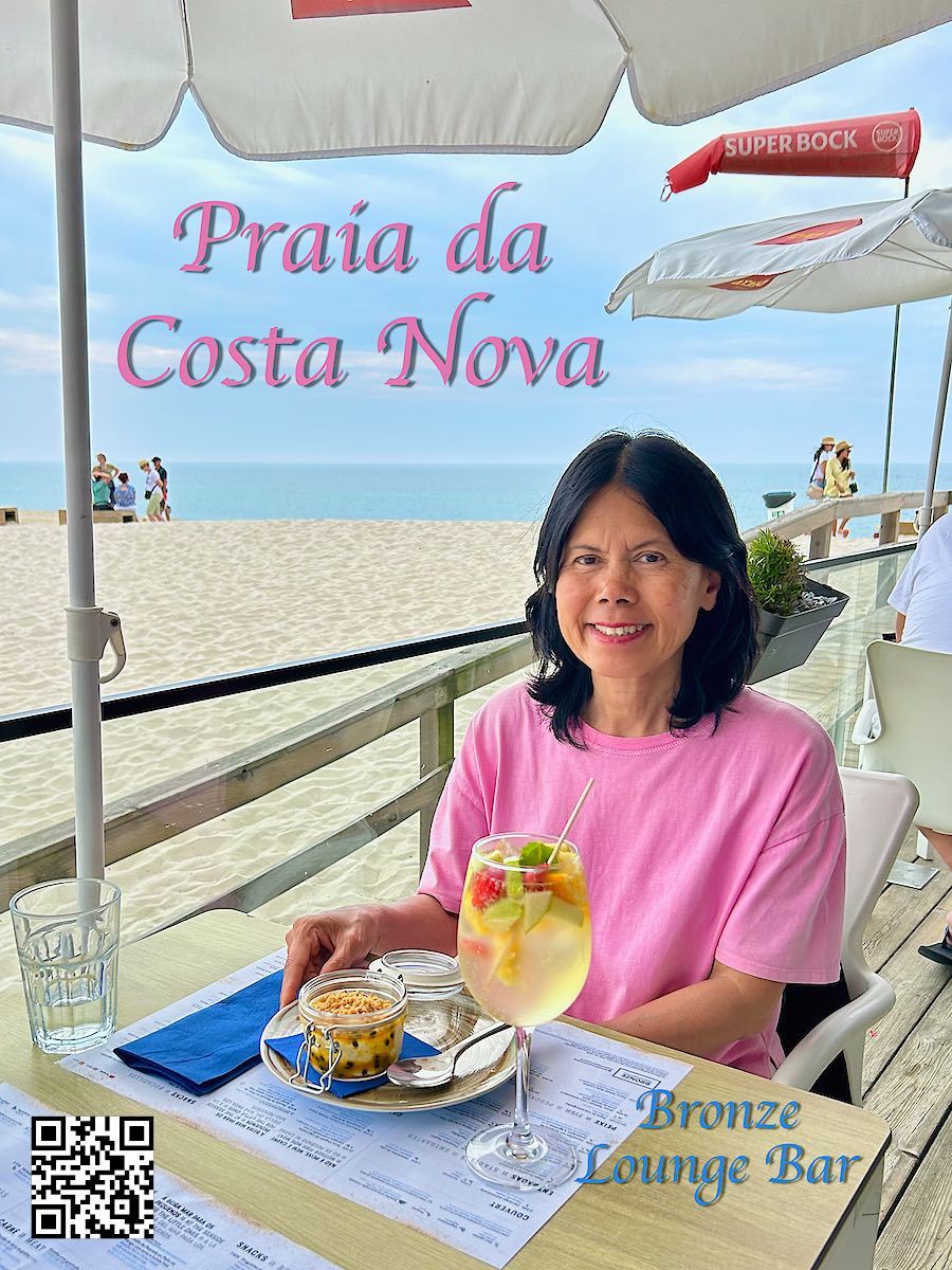 Portugal Praia da Costa Nova beach at Bronze Seafood & Lounge Bar woman eating dessert and drinking white sangria