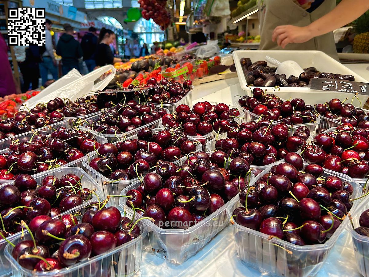 Spain Valencia cherries in boxes for sale at Mercado Central